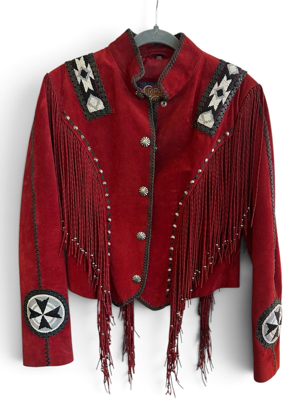 Cripple Creek Vintage Western Beaded Red Fringe Suede Unique Jacket -
